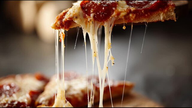 Delicious hot slice of pepperoni pizza with stringy melted cheese pull. Appetizing savory italian food perfect for dinner