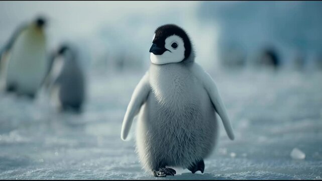 Adorable fluffy baby penguin chick walking across frozen Antarctic landscape, curious young wild bird in cold winter scene
