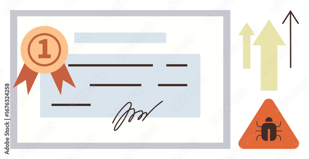 Poster award certificate with ribbon seal, upward arrows signifying growth, and warning triangle with bug i
