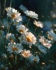 Glowing White Daisies in a Green Field