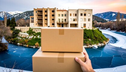 Packages held outdoors, by frozen lake