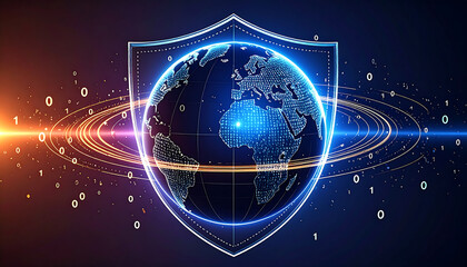 blue digital shield icon positioned at the center of a transparent Earth
