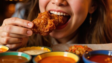 Woman eating fried chicken with various sauces