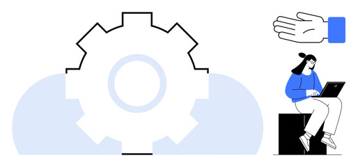 Large gear in cloud backdrop symbolizes technology, innovation. Woman working on laptop, guiding hand as leadership metaphor. Ideal for teamwork, strategy, collaboration, productivity, innovation