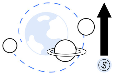 Abstract planetary system with rings, Earth, orbit lines, arrow signifying upward progress, and currency circle. Ideal for innovation, economics, global growth, progress vision space exploration