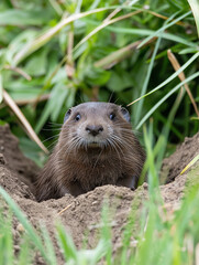 Curious otter emerges from burrow surrounded by lush green foliage