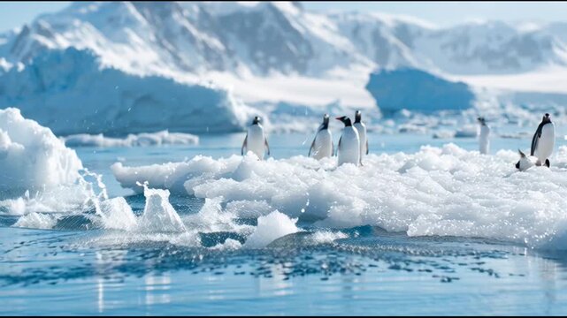 Energetic penguin wildlife colony jumping from snowy ice into cold water, playful Antarctica scene for nature lovers