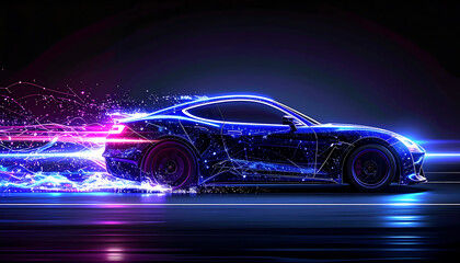 The sport car is composed of illuminated blue lines and points, with radiant light