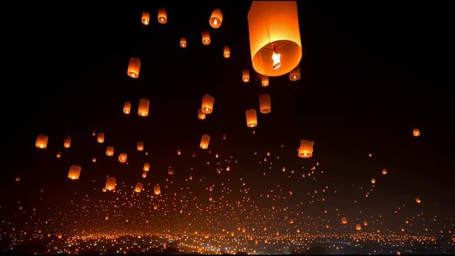 Thailands Loi Krathong festival beautiful glowing tradition with many sky lantern lights floating into night