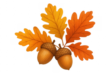 Two acorns hanging from oak leaves on transparent background