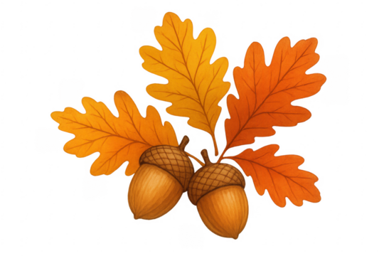 Two acorns hanging from oak leaves on transparent background - Powered by Adobe