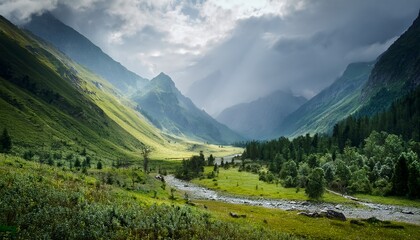 Naklejka premium rainy mountain valley morning