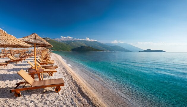 sandy beach with wooden chaise longs and umbrellas on the adriatic sea coast in albania