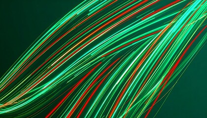 Abstract swirling lines of vibrant green, red, and yellow light