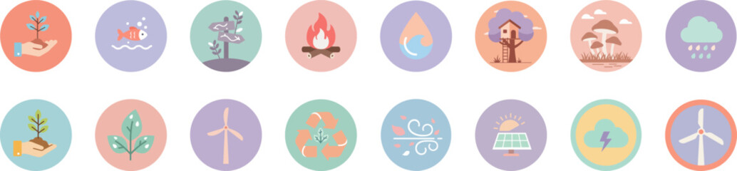 Fototapeta premium 16 circular icons with environmental and natural elements in pastel and vibrant hues