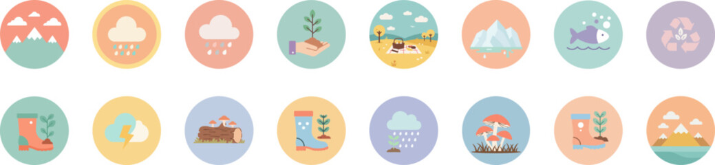 Fototapeta premium Set of 16 flat pastel circular icons with nature and environmental themes