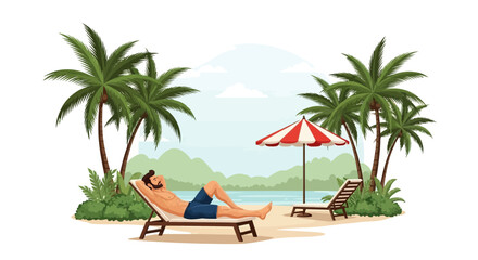 Relaxation at tropical beach with palm trees and turquoise sea