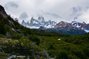 Mount Fitz Roy covered in clouds seen from Los Glaciares National Park, Argentina