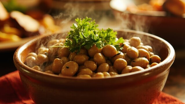 Steaming bowl of seasoned butter beans garnished with fresh parsley - Powered by Adobe