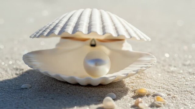 White scallop shell with pearl on sandy beach