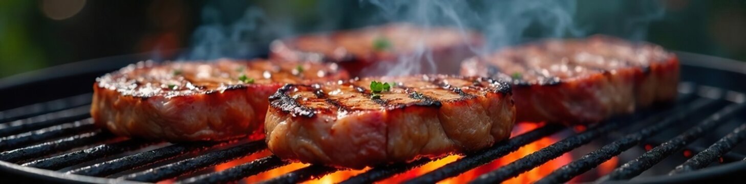 Juicy grilled steaks sizzling on a hot barbecue grill, smoke rising, perfectly seared Enjoy the mouthwatering aroma and delicious char marks , cookout, feast food