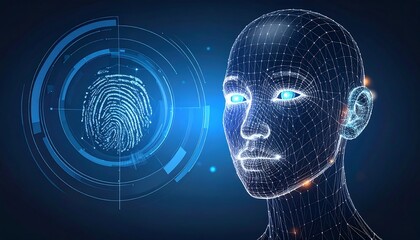 Futuristic digital face with holographic fingerprint interface showcasing biometric technology