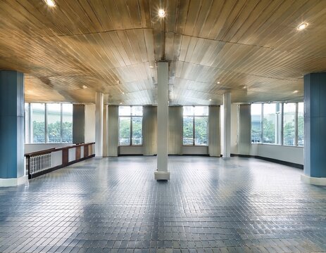 spacious room with tiled floor and columns for multi purpose use