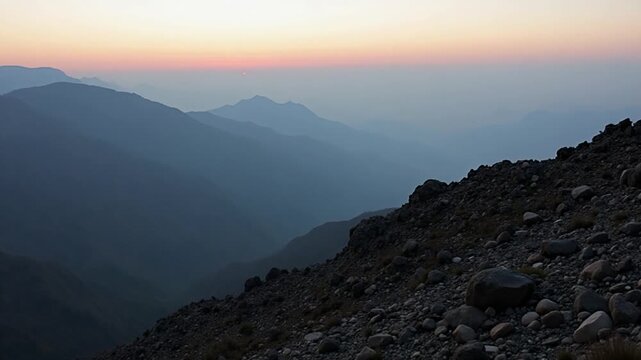 Serene view of distant mountains and rocky terrain at dusk in nature