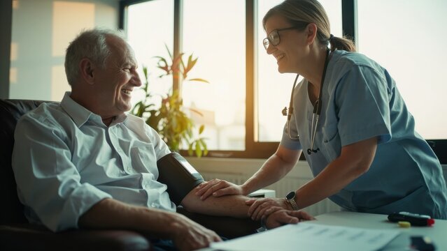 Female doctor measuring blood pressure of senior man at home