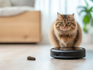 Siberian feline and robot vacuum cleaner with fluffy pet and domestic technology on the floor