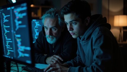 Programmers working late night on computer code