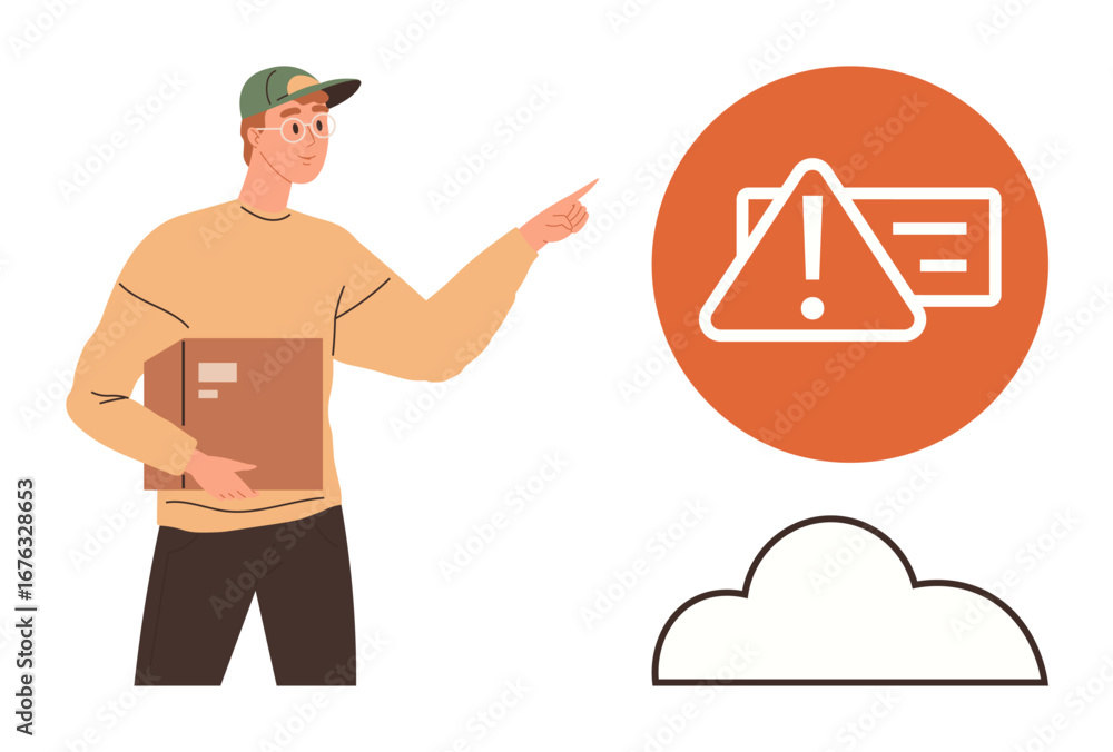 Poster delivery person holding a box and pointing at triangular alert over cloud icon, symbolizing order is