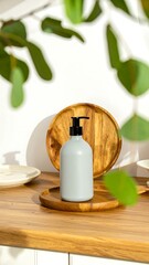 Light gray pump bottle on wooden trays with leaves