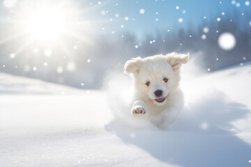 Fototapeta premium Playful puppy running in the snow with joyful energy and sunlight in a white winter wonderland
