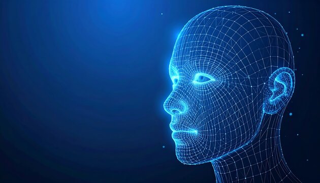 Futuristic digital wireframe representation of a human head against a blue background