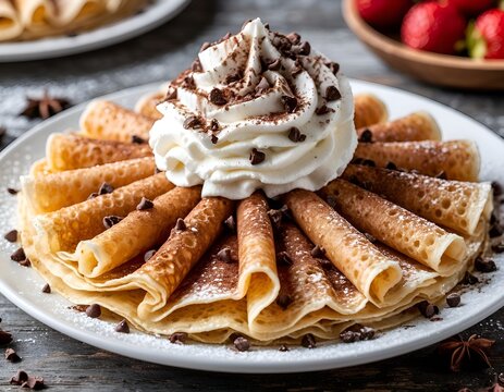 Crepes with Whipped Cream and Chocolate.This indulgent image is perfect for dessert menus, cafe advertisements, food blogs, recipe books, or social media promotions for sweet treats. 