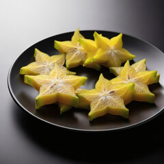 Fototapeta premium Freshly sliced star fruit arranged on a black plate.