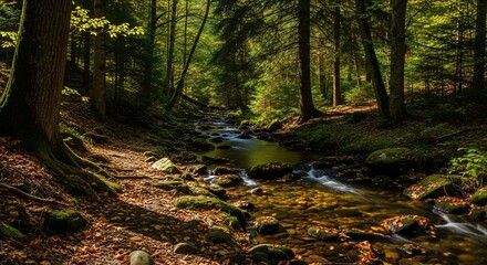 Obraz premium Sunlit Forest Stream with Mossy Rocks and Autumn Leaves