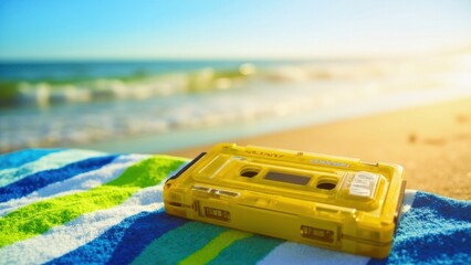 Yellow cassette tape lying on beach towel at sunset