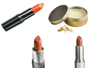 Matte lipstick bullet and lip balm in metallic container isolated on white  