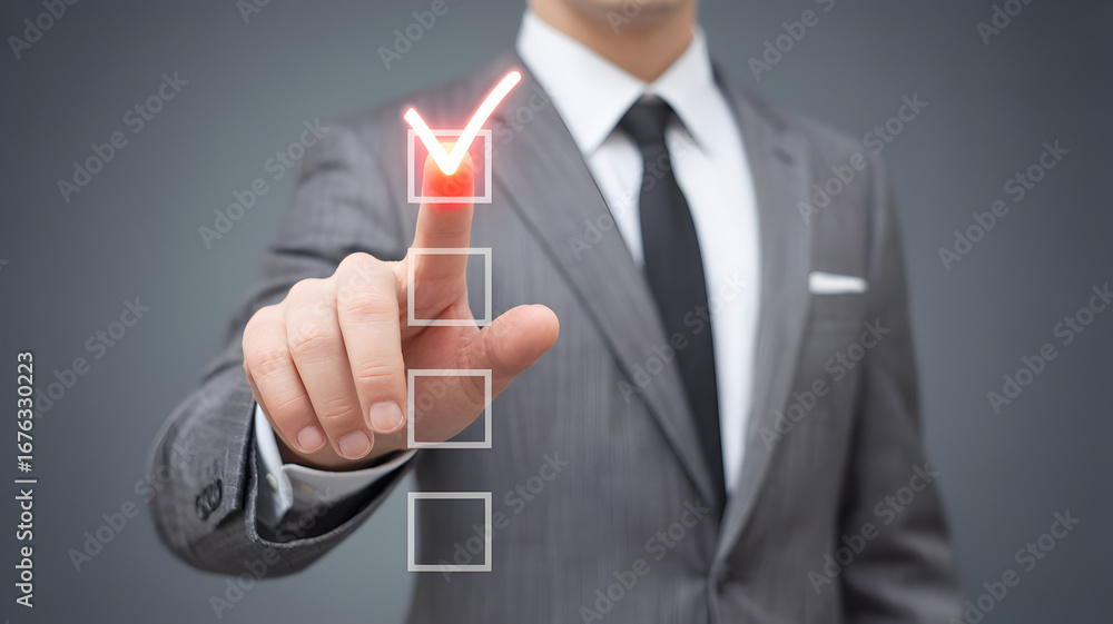 Poster businessman in formal suit pressing virtual checklist with red check mark symbol representing task c