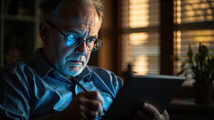Focused senior man working on tablet at home office during evening