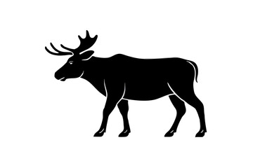 A vector silhouette of a black deer with large horns standing in the wild