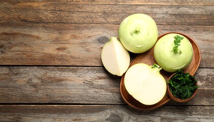 Light green kohlrabi on wooden platter