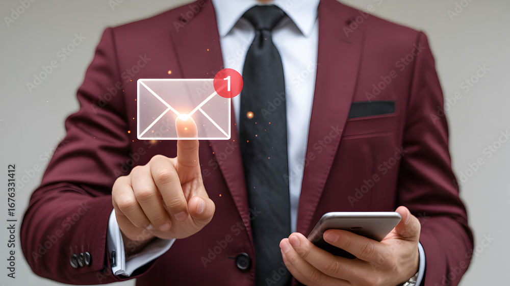 Poster businessman touching new email notification icon representing digital communication messaging techno