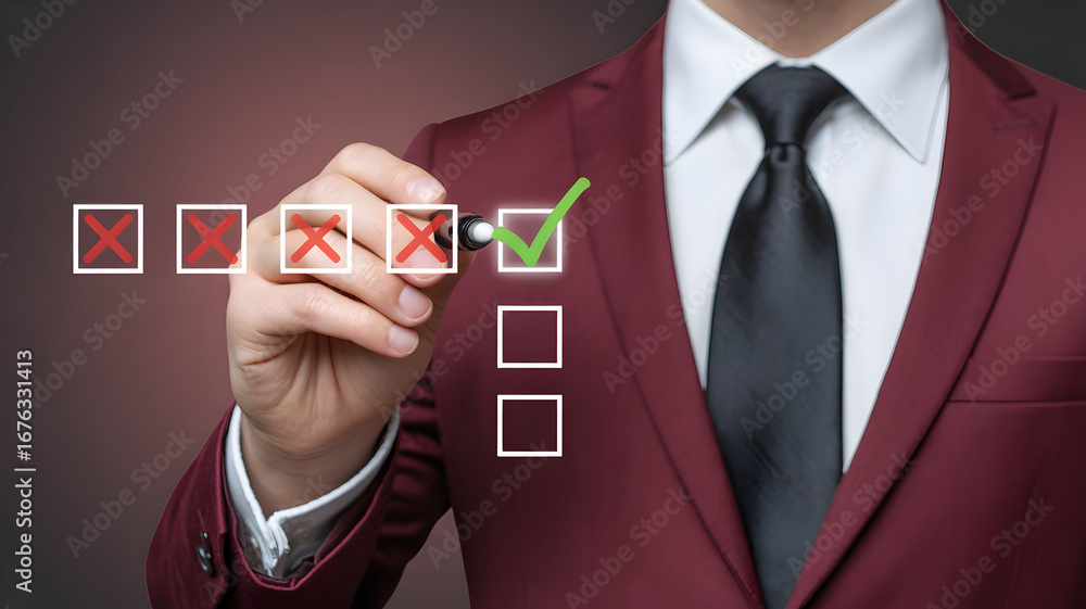 Poster businessman marking checklist with green tick and red cross representing decision making evaluation 