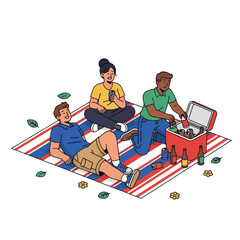 Three people enjoying a picnic on a blanket.