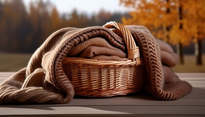 Obraz premium wicker basket with warm woolen blanket