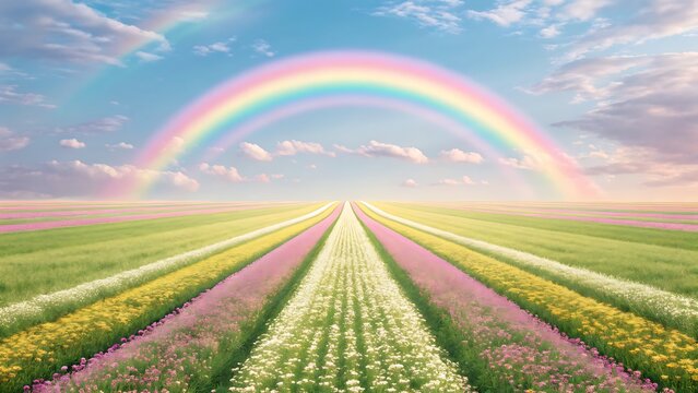 Colorful rainbow arching over a vibrant field of blooming flowers clouds weather