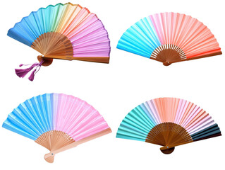 Colorful paper fans in pastel shades isolated on white background  